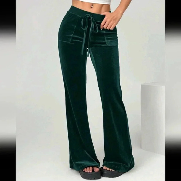 GREEN Velvet High Waisted Flare Elegant Pants For Women - Picture 1 of 5